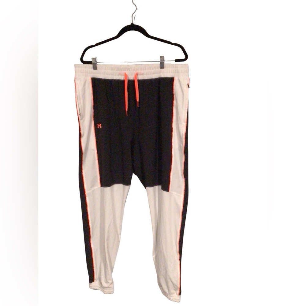 Under Armour Mens Icon Woven Track Pants in black and white with orange accents